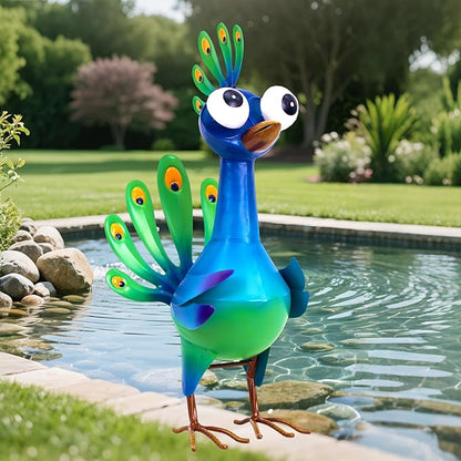 Metal Peacock Statue Garden Decor Cartoon Peacock with Bobbling Eyes Yard Art Lawn Patio Decoration Outdoor Sculpture for Housewarming Birthday Wedding