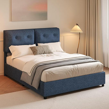 Queen Bed Frame with Headboard, Cloud Boucle Upholstered Bed Frame, Modern Soft Style, Adjustable Headboard, No Box Spring Needed, Easy Assembly, Blue