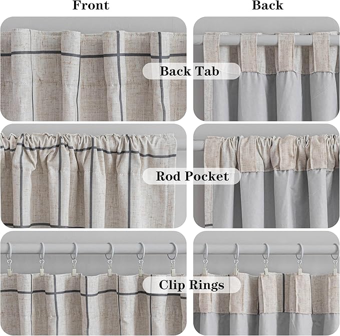 MYSKY HOME 100% Blackout Plaid Linen Curtains 63 Inches Long Double Layer Farmhouse Thermal Insulated Checkered Print Drapes with Rod Pocket Back Tab for Living Room Bedroom, 2 Pcs, 52"Wide, Deep Grey