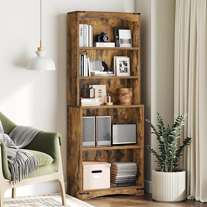 Tall Bookcase and Bookshelf, 6-Tier Bookcase with Storage, 63" Wooden Bookshelf, Farmhouse Freestanding Display Storage Shelves for Home Office, Living Room, Rustic Brown SJ09BR