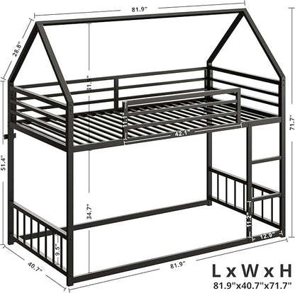 LIKIMIO Bunk Bed Twin XL Over Twin XL, Metal Bunk Bed Frame with Ladder and Guardrail, House Shaped with Metal Slats for Dormitory and Bedroom, Space Saving, No Box Spring Needed, Black