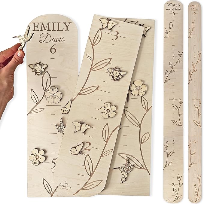 Personalized Wooden Growth Chart for Wall - Custom Name Kids Measurement Growth Chart for Girls, Child Height Measuring Chart Wooden, Baby Height Chart Wall Ruler Wood Wildlife Butterfly, 2 Sizes