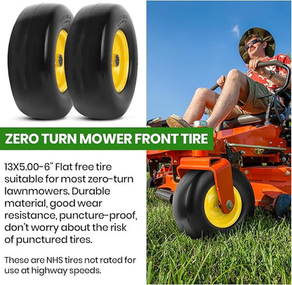 AR-PRO (2-Pack) 13x5.00-6 Flat Free Lawn Mower Tire and Wheel- Solid Smooth Tread Replacement Front Tire for Riding Zero Turn Mowers, Garden Tractors – 3/4" and 5/8" Bearings, 3.25"-5.9" Centered Hub