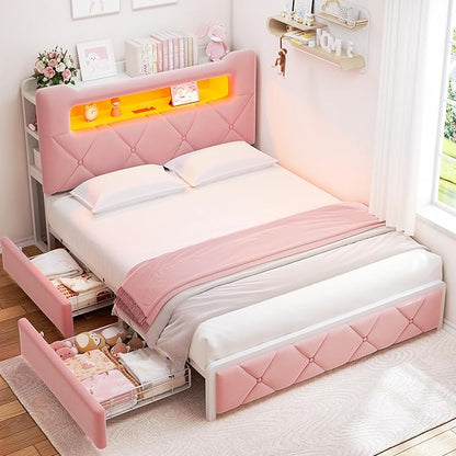 Full Upholstered LED Bed Frame with 2 Storage Drawers and 2-Tier Storage Headboard, Velvet Princess Platform Bed with Charging Station & Bookcase, Heavy Duty Metal Support, No Box Spring Needed, Pink
