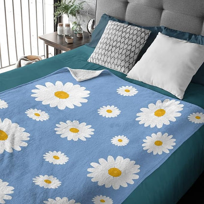 Thuswarm Floral Daisy Flowers Blue Flannel Throw Blanket Gifts Warm Cozy Soft Funny Print Blankets for Summer Room Decoration Bed Couch Sofa 120”×90” Extra Large for Family