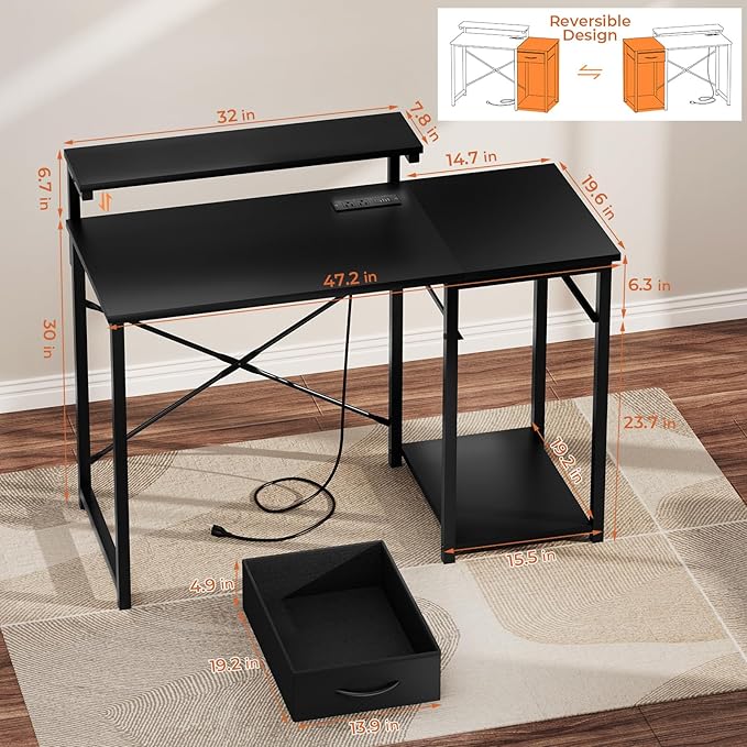 Computer Desk with Adjustable Monitor Stand, 47.2 in Small Desk with Reversible Storage Shelves, Office Desk with Spacious Desktop Spaces for Home Bedroom Workstation, Black