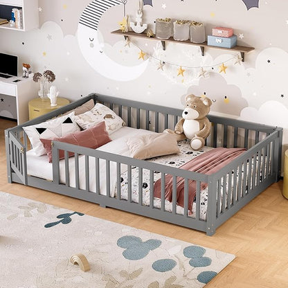 Bellemave Full Size Floor Bed with Rails for Kids, Girls, Boys, Pine,Plywood Floor Bed with slats and Door, Grey