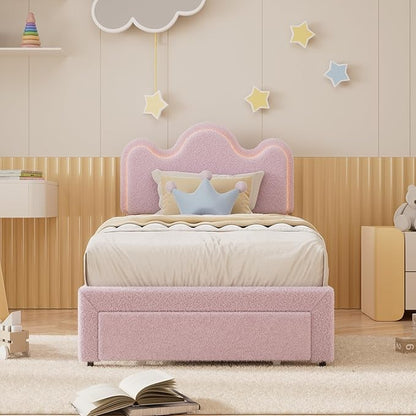 Twin Upholstered LED Bed Frame with Storage Drawers Girls Bed with Flower Headboard Boucle Princess Platform Bed Frame for Kids/Girls Strong Wood Slat Support,No Box Spring Needed,Easy Assembly