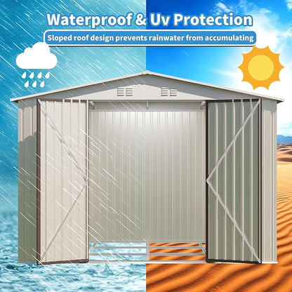 10x8 FT Outdoor Storage Shed with Foundation,Metal Aluminum Tool Sheds,Heavy-Duty Sheds with Sloped Roof, Air Vent and Hinge Doors,Garden Shed Bike Shed for Backyard Patio Lawn,Cream White