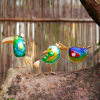 Funny Metal & Glass Bird Decor Set of 3 - Unique Colorful Indoor & Outdoor Garden Statues Whimsical Lawn Decorations Handmade Bird Sculptures Garden Decor for Outside