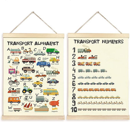 CGBHW Educational Transport Alphabet Numbers Poster Hanger Frame Set of 2 12x16, Vehicle Construction Learning Posters Wall Art Hanging Decor for Toddler Boy Kids Room Playroom Nursery