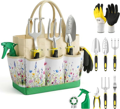 Gardening Tools 10-Piece, Heavy Duty Garden Tool Set with Fashion and Durable Garden Tools Organizer Handbag, Rust-Proof Gardening Hand Tools Weeding Kit, Ideal Gardening Gifts for Women