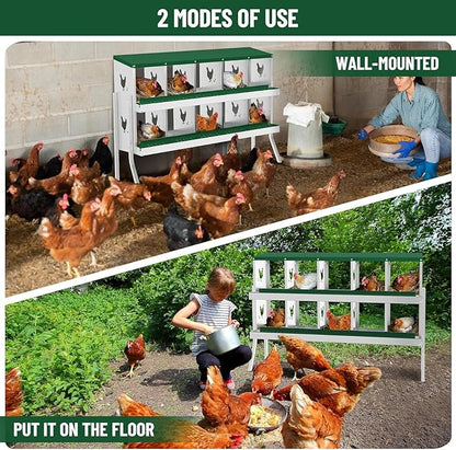Chicken Nesting Box, Heavy-Duty Metal Chickens Laying Boxes with 10 Compartments, Large Vented Holes Hens Laying Box, Chicken Coop with Rollout Egg Collection, Bracket Legs - Green