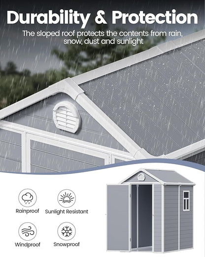 6x4.5 FT Plastic Sheds & Outdoor Storage, UV Resistant Storage Sheds Outdoor with Floor and Window, All-Weather Garden Resin Tool Shed for Lawn Mower, Yard Tools, Bike, Light Grey