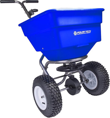 EarthWay Polar Tech 90399 100 LB Professional Ice Melt Broadcast Walk Behind Spreader with 13" Pneumatic Tires, Adjustable Handle, and Solid Linkage Control
