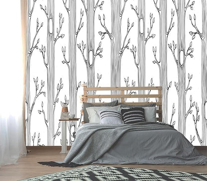 XMPMBM-Hand-Painted Cartoon Grey Tree Fabric Wallpaper Nursery Room Kids Bedroom Wall Mural-W 154" X H 105"（112 Square Foot）