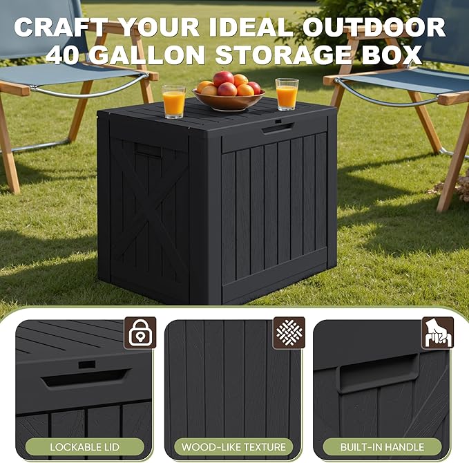 Greesum 40 Gallon Resin Deck Box, Outdoor Storage for Patio Furniture, Garden Tools, Pool Supplies, Weatherproof and UV Resistant, Lockable, Black