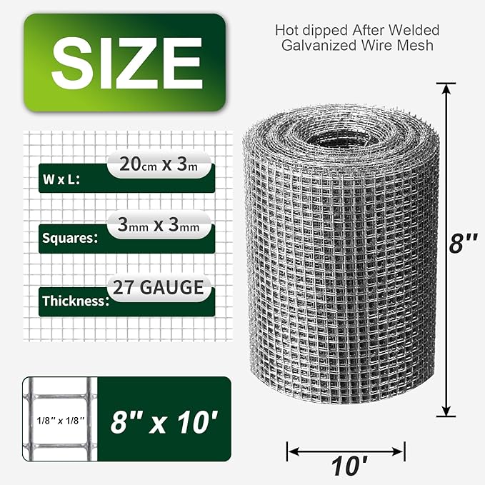 1/8 Inch Hardware Cloth 8'' x 10' 27 Gauge Hot Dip Galvanized Welded Wire Mesh for Chicken House/Coop Fencing, Animal Cage Netting, Bee Swarm Protection Netting and Poultry Enclosures