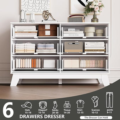 6 Drawer Dresser for Bedroom, Fluted White Dresser Chest of Drawers with Gold Handle, Mid Century Modern Dressers for Closet, Bedroom Chest Storage Organizer for Living Room, Hallway