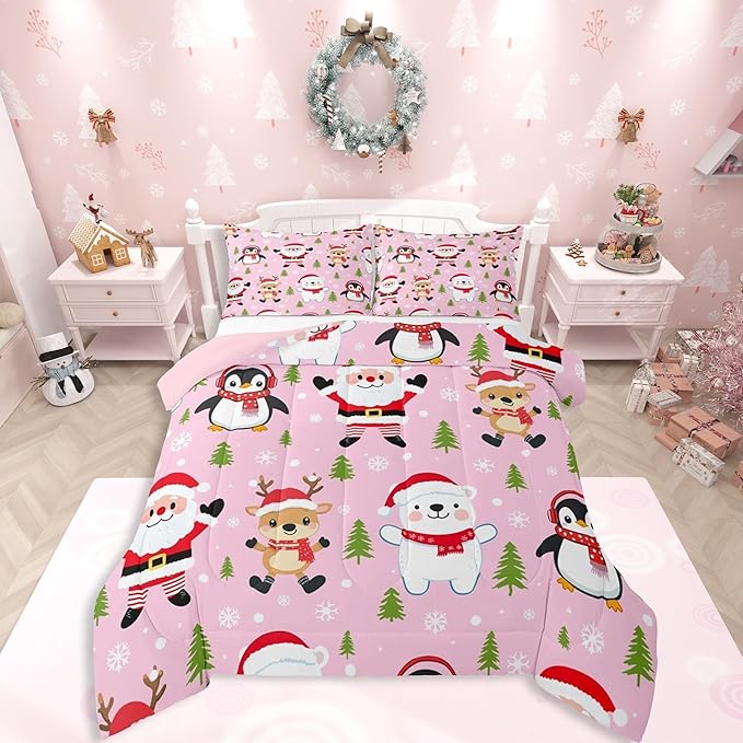 Feelyou Pink Christmas Bedding Set Soft for Boys Girls, Santa Claus Comforter Set King Size Penguin Deer Duvet Quilt Microfiber Xmas Snowflake Tree Bedroom Decor 3 Pcs with 2 Pillow Cases
