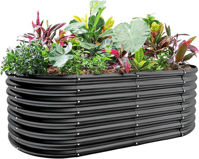 Land Guard 24“ Tall Galvanized Raised Garden Bed Kit, Galvanized Planter Garden Boxes Outdoor, Oval Large Metal Raised Garden Bed for Vegetables (Dark Gray, 4×2×2ft)
