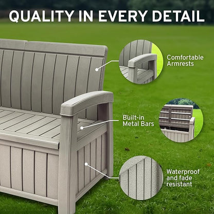 EconoHome 3 Seat Outdoor Storage Bench with Rain Cover - 90 Gallon Capacity - Weatherproof Resin Bench for Patio, Porch, Garden, Yard, Pool Area - Furniture for Pool Accessories, Gardening Tools