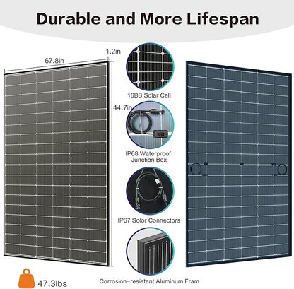 JJN Bifacial 400 Watt Solar Panel, N-Type 16BB 400W Solar Panels, 25% High Efficiency Monocrystalline Solar Module for 12V/24V/48V PV System for Homes Rooftop Farm RV and Off-Grid Applications