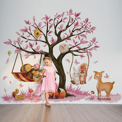Cute Jungle Theme Wall Stickers Removable Animal Forest Wall Decals Elephant Monkey Lion Giraffe Zebra Peel and Stick Tropical Wall Art Decor for Nursery Bedroom Classroom (Pink)