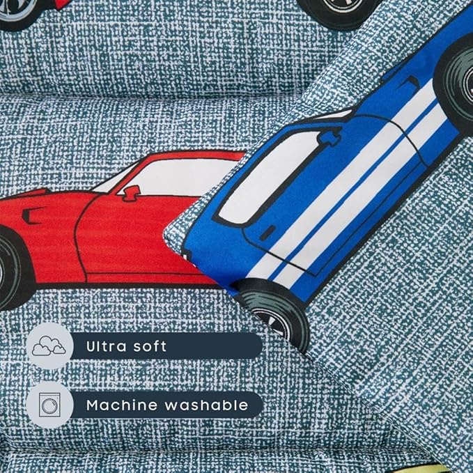 Wake In Cloud - Toddler Nap Mat with Pillow and Blanket, for Kids Boys Ages 3 Plus in Kindergarten Daycare Preschool, Roll Up Sleeping Bag, Race Cars Vehicles