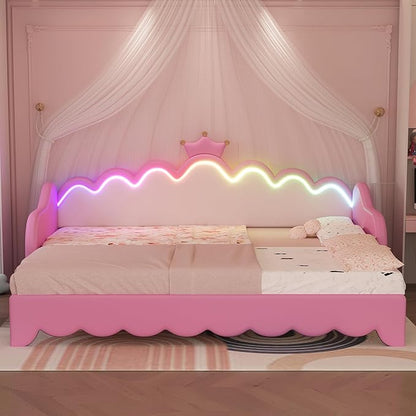 Merax Twin Size Upholstered Princess Bed Frame with Crown Headboard and Light Strips, Space-Saving Extending Daybed Pull Out Sofa Bed for Girls Teens Kids Bedroom, No Box Spring Needed, Pink