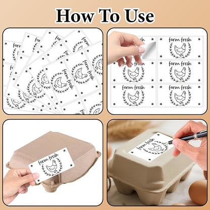 60Pcs 2" x 4" Farm Fresh Egg Carton Sticker Rectangle White Self Adhesive Fresh Egg Labels Cartoon Packaging Stickers Tags for Box Containers Business Farmhouse Market Supplies