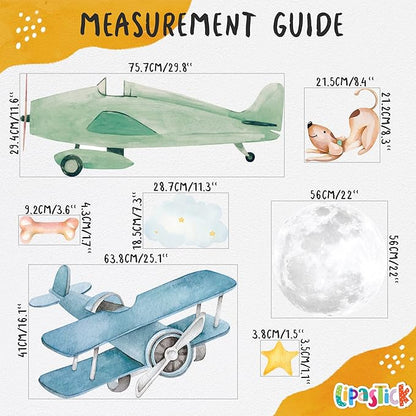 Airplane Wall Decals by Lipastick - 47-Piece Watercolor Vintage Plane Stickers for Kids, Boys Room, Baby Nursery, Toddler Bedroom Decor - Premium Vinyl Aircraft Art - XXL Size