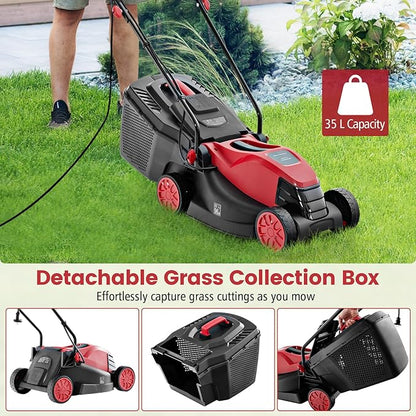 S AFSTAR Electric Corded Lawn Mower, 12-AMP 14-Inch Walk-Behind Lawnmower with Collection Box, 3 Adjustable Height Position, Self Locking Function, Push Lawn Mower for Backyard Patio