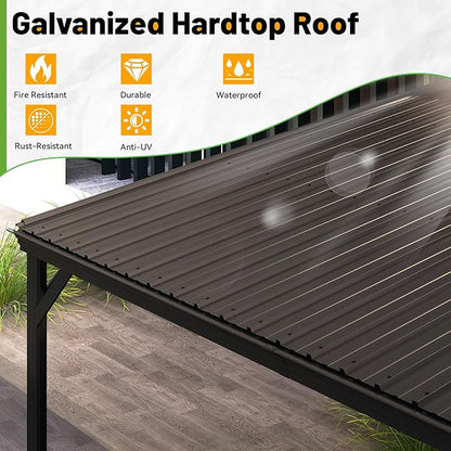 8x10FT Lean to Gazebo, Outdoor Metal Hardtop Wall Mounted Gazebo with Gutter & Sloping Galvanized Steel Roof, Hard Top Awnings/Shelter for Deck, Porch, Backyard- Brown