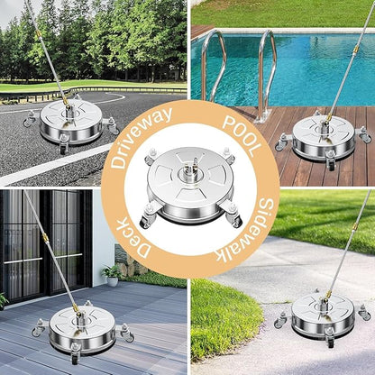 19" Pressure Washer Surface Cleaner with 4 Wheels, Stainless Steel Housing, 4000 PSI Max, 3 Connect Nozzles & 2 Extension Wands, Pressure Washer Surface Cleaner for Concrete, Patios, Sidewalks