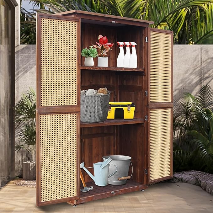 60 Inches Outdoor Storage Shed, Wood Shed with Rattan Indoor Storage Cabinet with Floor, Adjustable Shelves for Patio, Garden,Lawn and Living Room, Carbonized Black