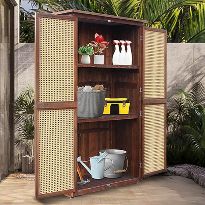 60 Inches Outdoor Storage Shed, Wood Shed with Rattan Indoor Storage Cabinet with Floor, Adjustable Shelves for Patio, Garden,Lawn and Living Room, Carbonized Black