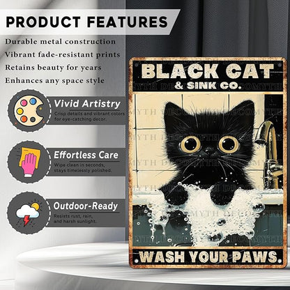 Vintage Black Cat Tin Sign Wash Your Paws Retro Wall Decor Decorations for Home Funny Cats Lovers Poster Indoor Store Cafe Toilet Bathroom Restroom Bar Pubs Farmhouse Farm Shop 12 * 16inch