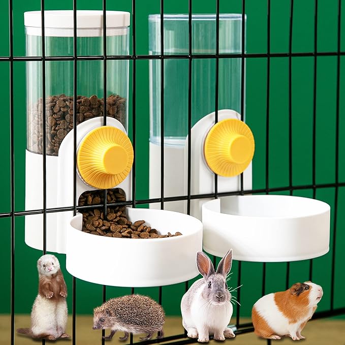 Kenond 40oz Hanging Automatic Rabbit Food Water Dispenser, Auto Gravity Dog Feeder and Waterer Set, Cage Cat Food Bowl Dog Feeding Station for Ferret and Kitten Bunny Chinchilla Hedgehog Puppy(White)