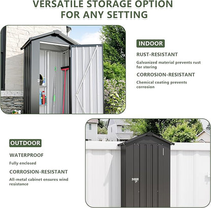 KEIKI Outdoor Metal Storage Shed 2.5' x 1.4', Lockable Tool Cabinet with Sloping Roof, Small Vertical Garden Storage for Backyard, Patio, Lawn, Black