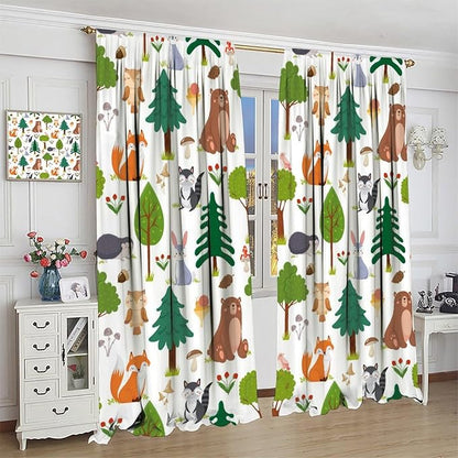 Jungle Animal Curtains, Woodland Animals Forest Pattern Blackout Window Treatments, Rod Pocket Thermal Insulated Drapes 2 Panel Sets for Kids Room Nursery Classroom, 72" W X 63" L