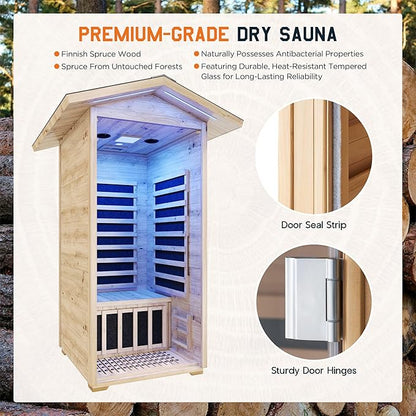 Albott Outdoor Sauna 1 Person, Infrared Saunas for Home, Low EMF 1245W/110V Spruce Wood Dry Sauna with Tourmaline Stone Foot Warmer, 7-Color Light Therapy & 2 Bluetooth Speakers, 33.5"x35.4"x78.7"
