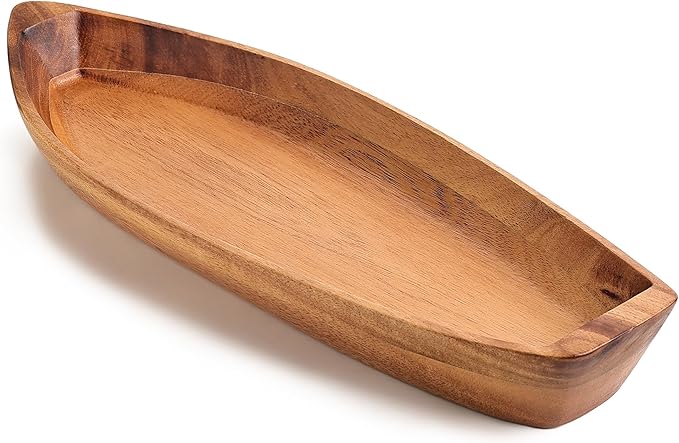 Lucky Boat Serving Tray, Acacia Solid Wood Boat Shape Plate for Serving Desserts, Fruit, Snack and Seafood or House Ornament,Key Tray,Functional and Storage Decorative Bowl。 (S)