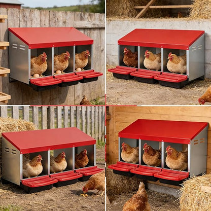 GarveeHome Chicken Nesting Boxes, 3 Compartments Metal Chicken Laying Box with Swing Perch, Roll Out Egg Collection with Large Vented Holes for Chickens, Hens, Large Egg Laying Boxes