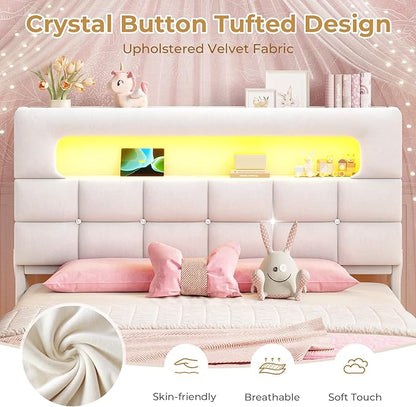 MSmask Full Upholstered LED Bed Frame with 2-Tier Storage Bookcase Headboard, Velvet Princess Bed with Crystal Button Tufted Headboard & Charging Station, Girls Platform Bed, Curved Legs, White