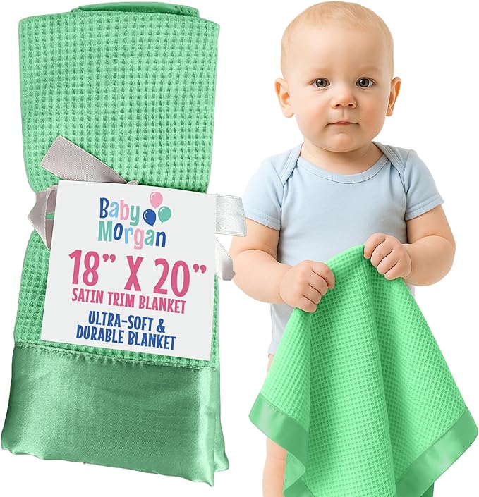 Thermal Waffle Knit Baby Blanket - Soft Breathable Mini Blanket for Newborns and Infants - Toddler Blankey for Strollers, Travel, Naptime, Nursery and More - 18" x 20" (Mint, Satin Trim)