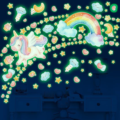 Large Unicorn and Rainbow Wall Decals Glow in The Dark, Watercolor Stars Stickers for Baby Girls Room, Luminous Ceiling Decor for Bedroom Playroom Nursery