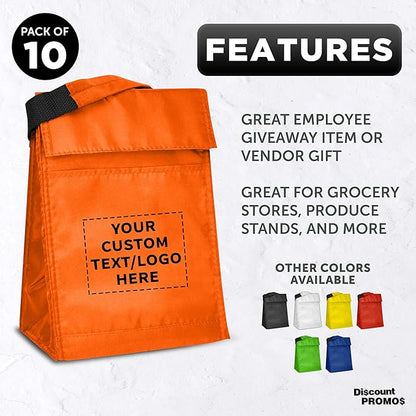 DISCOUNT PROMOS 10 Hook and Loop Insulated Lunch Bags Set - Customizable Text, Logo - Polyester, Durable, Vibrant, Reusable - Orange