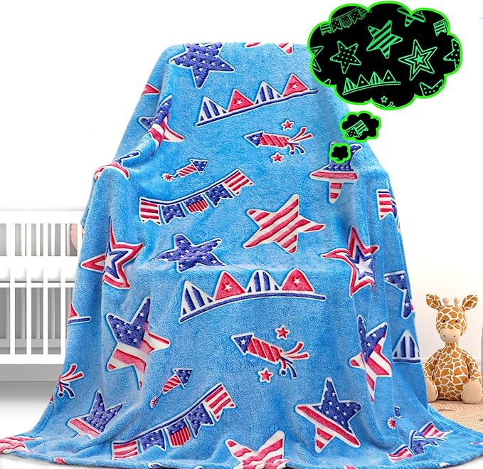 Glow in The Dark Blanket American Flag Blanket July 4th Decor USA Flag Patriotic Star Stripes Independence for Men Women Kids