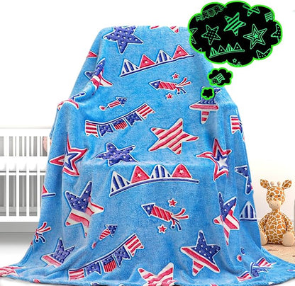 Glow in The Dark Blanket American Flag Blanket July 4th Decor USA Flag Patriotic Star Stripes Independence for Men Women Kids